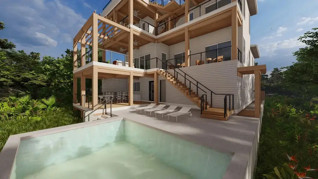 AquaVision Studio render of a plunge pool below a timber-framed three-storey house